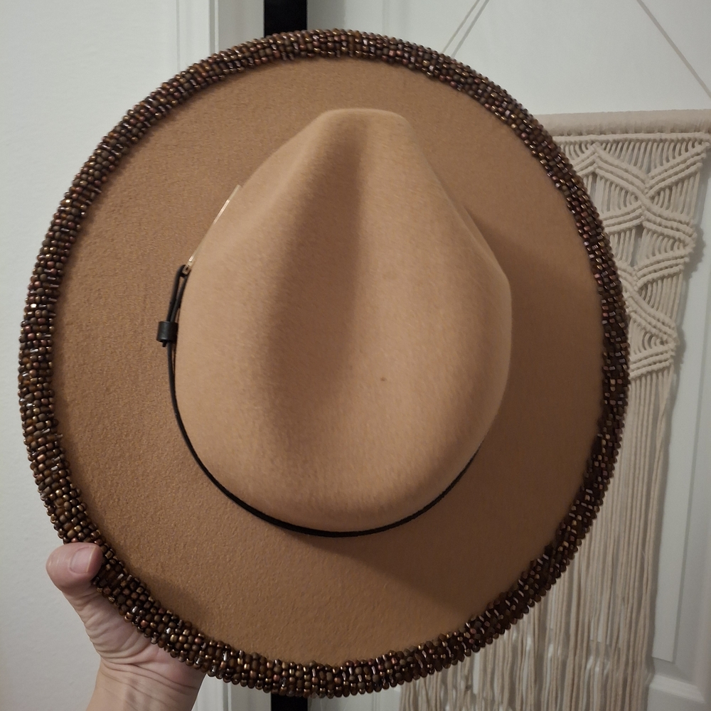 Tan Felt Hat with Beaded Trim